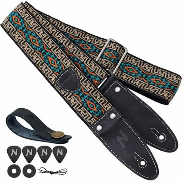 Embroidered Guitar Strap Cotton Adjustable with Pick Pocket for Electric Bass - Picture 7 of 7